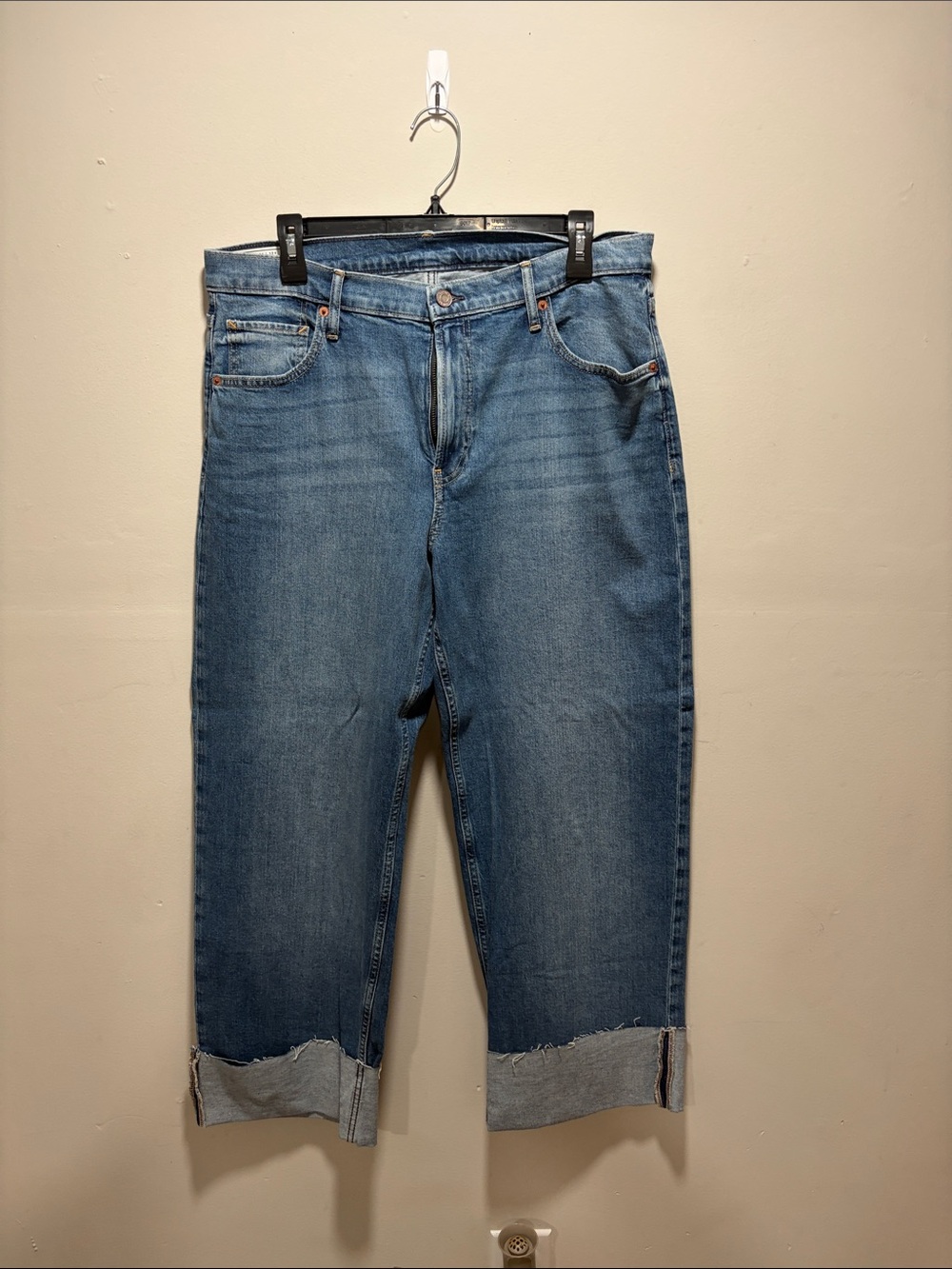 Cropped Rolled Hem Blue Denim Jeans